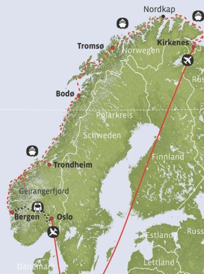 Karte Hurtigruten Kirkenes nach Bergen